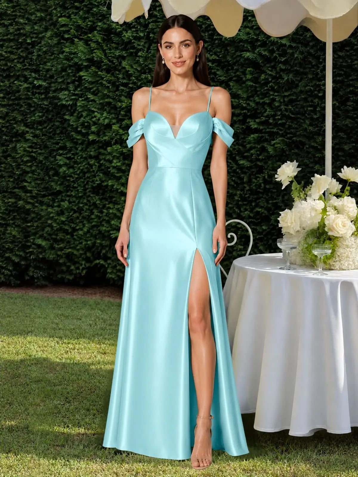 Silk-like Bridesmaid Dress with Cold Neckline 