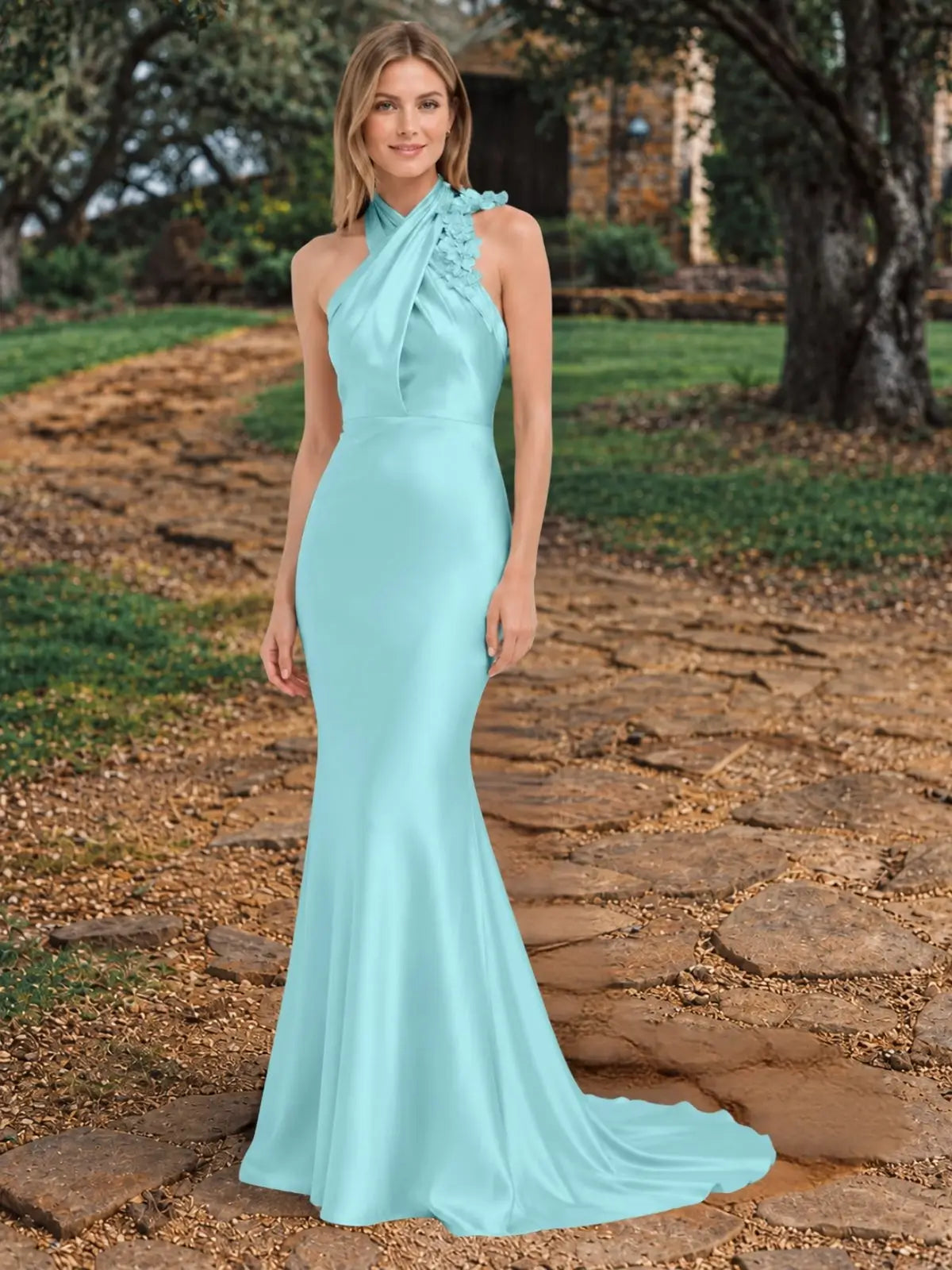 Silk-like Bridesmaid Dress with 3D Floral 