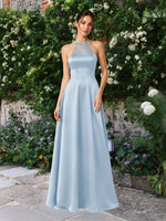 Satin Bridesmaid Dress with Illusion Halter Neck 