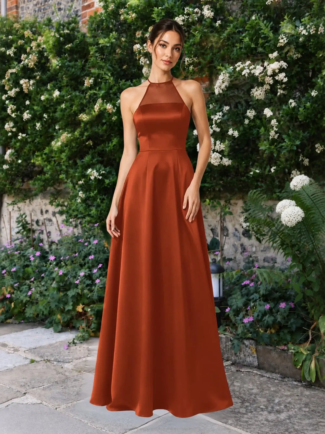 Satin Bridesmaid Dress with Illusion Halter Neck 