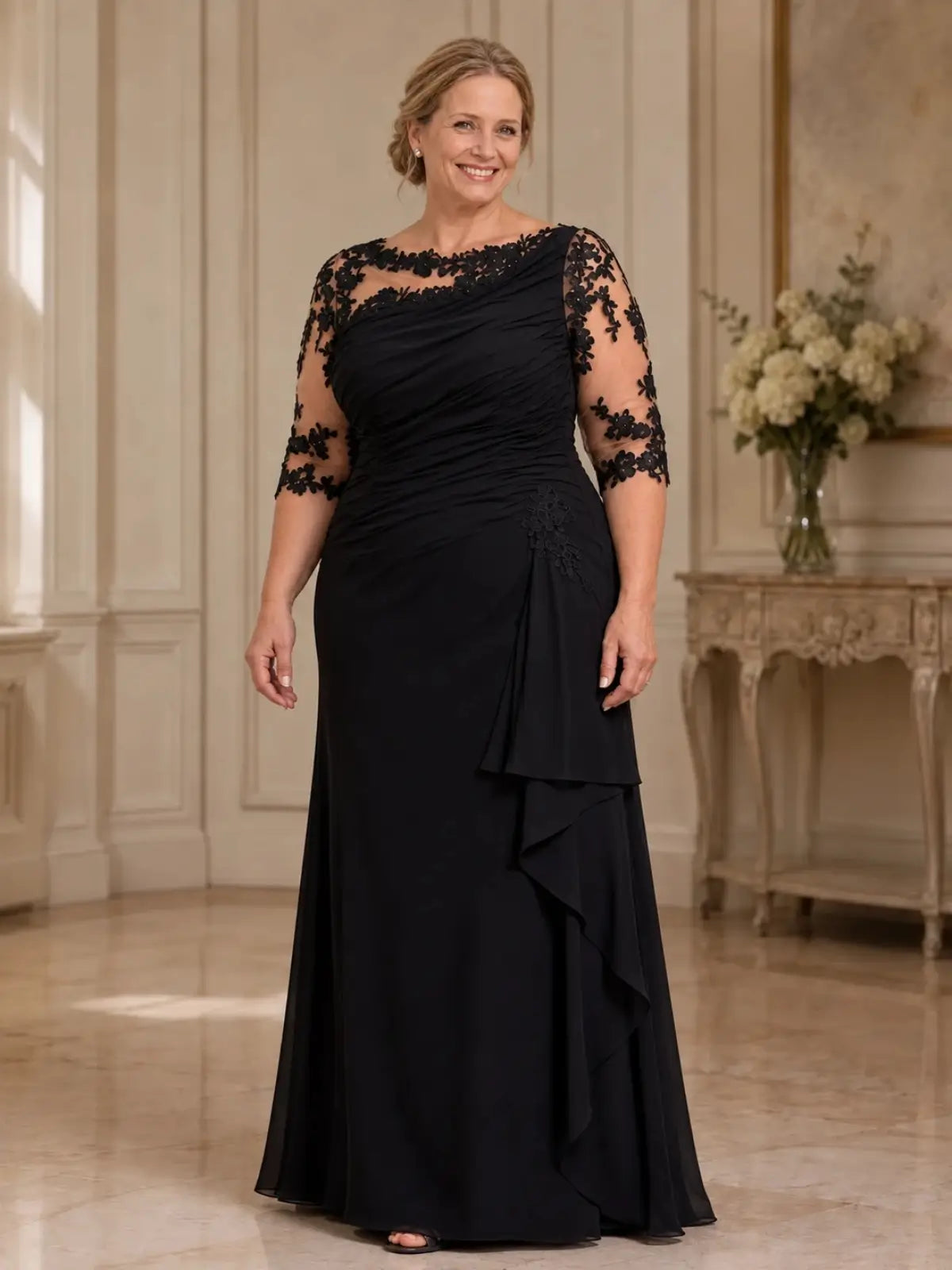 Bateau Neck Mother of the Bride Dress with Ruffle Details