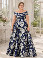 Off-the-Shoulder Mother of the Bride Dress with Printed Detail
