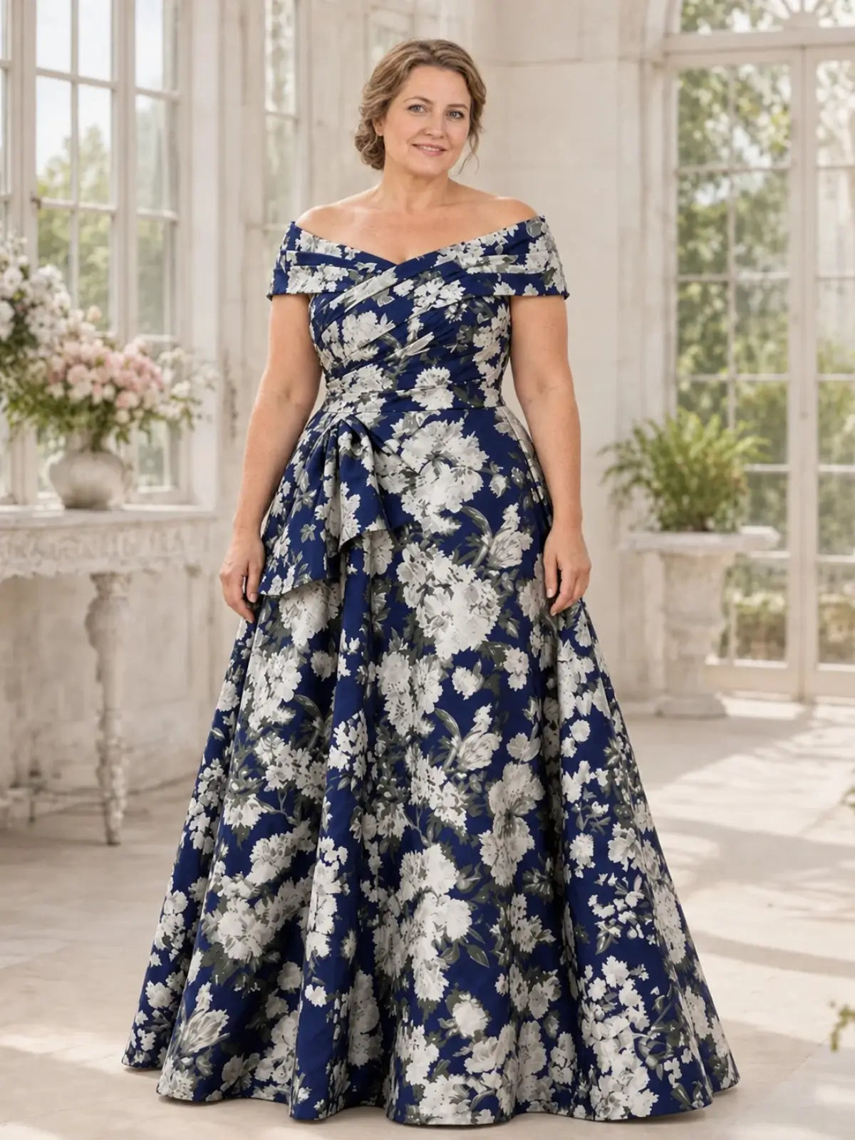 Off-the-Shoulder Mother of the Bride Dress with Printed Detail