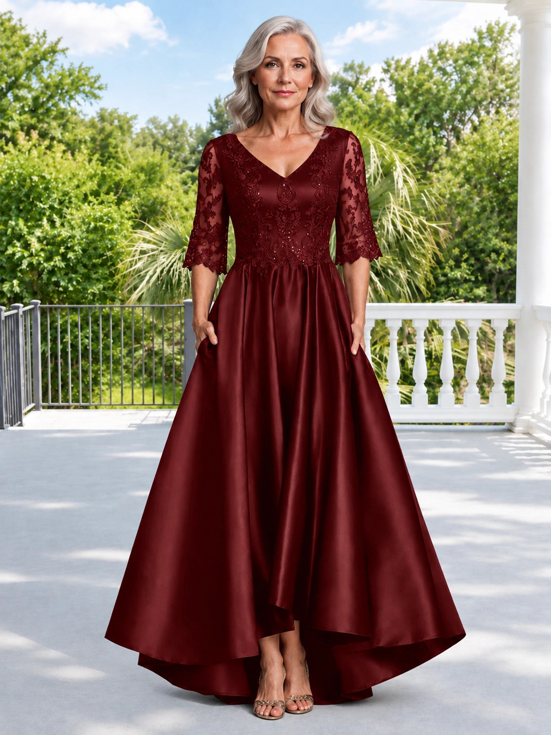 Satin Mother of the Bride Dress with Lace Sleeves 