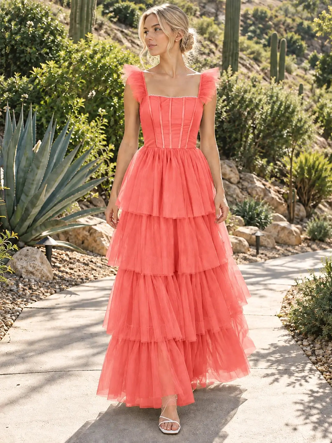 Ruffled Strap Tiered Tulle Bridesmaid Dress 