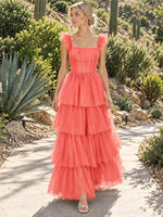 Ruffled Strap Tiered Tulle Bridesmaid Dress 