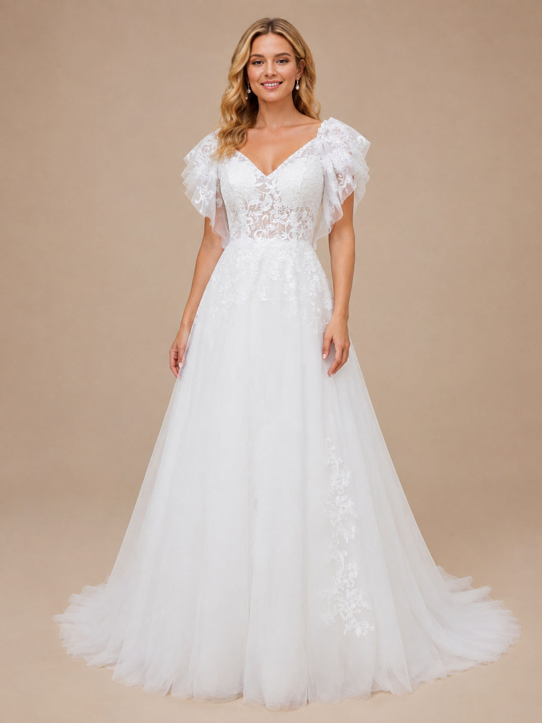 Illusion Tulle Applique Wedding Dress 