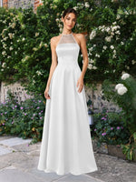 Satin Bridesmaid Dress with Illusion Halter Neck 