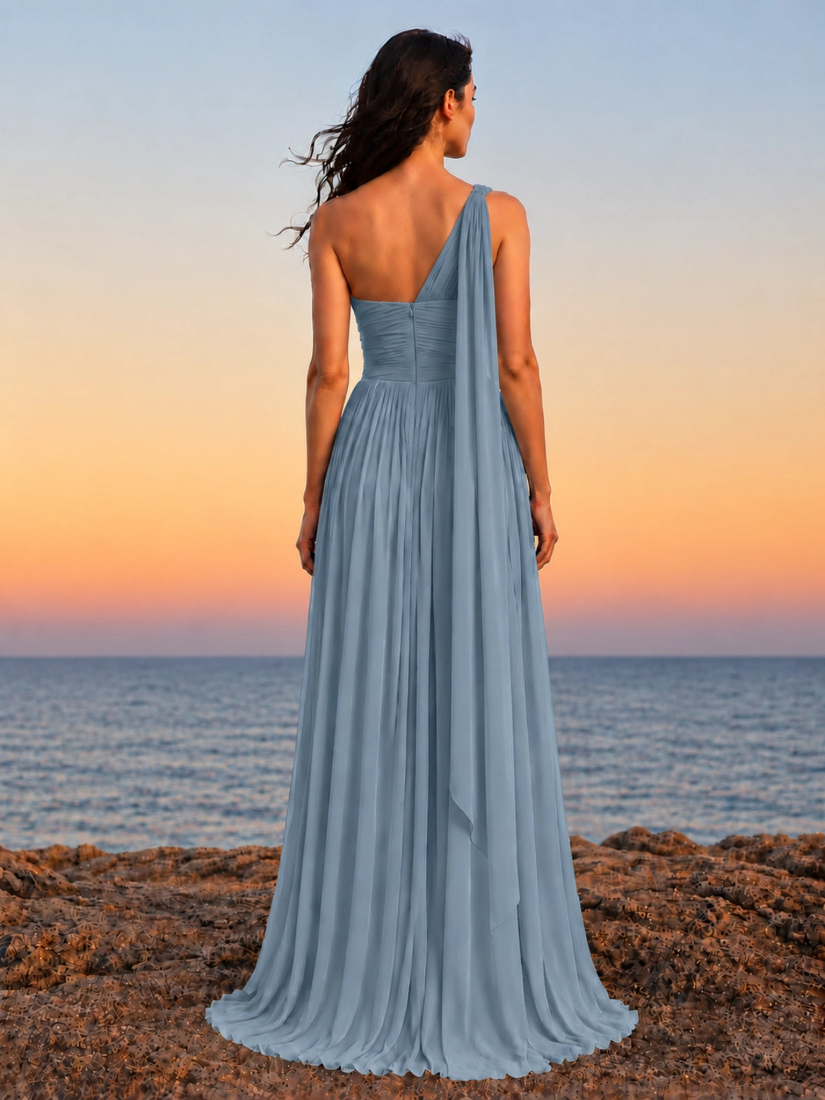 Chiffon Bridesmaid Dress with One-Shoulder Neckline