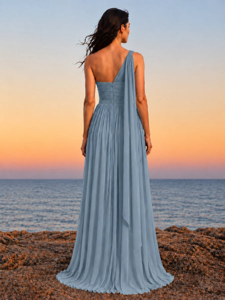 Chiffon Bridesmaid Dress with One-Shoulder Neckline