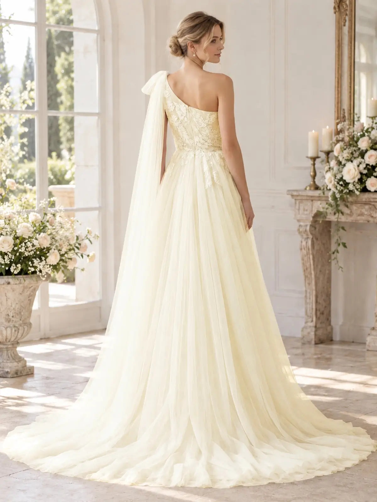 One-Shoulder Wedding Dress with Applique Details