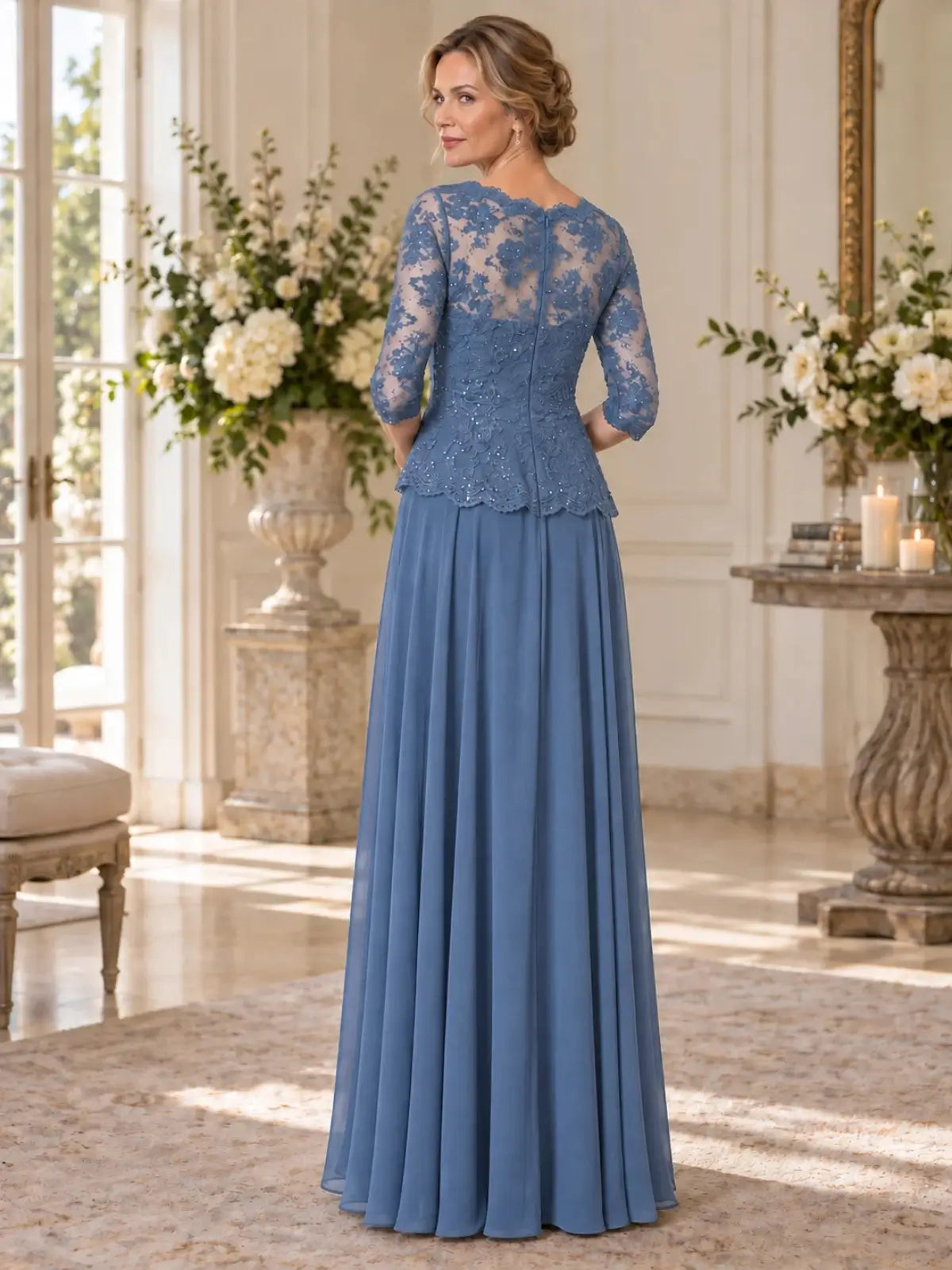 Boat Neck Mother of the Bride Dress with Ruched Waist Design