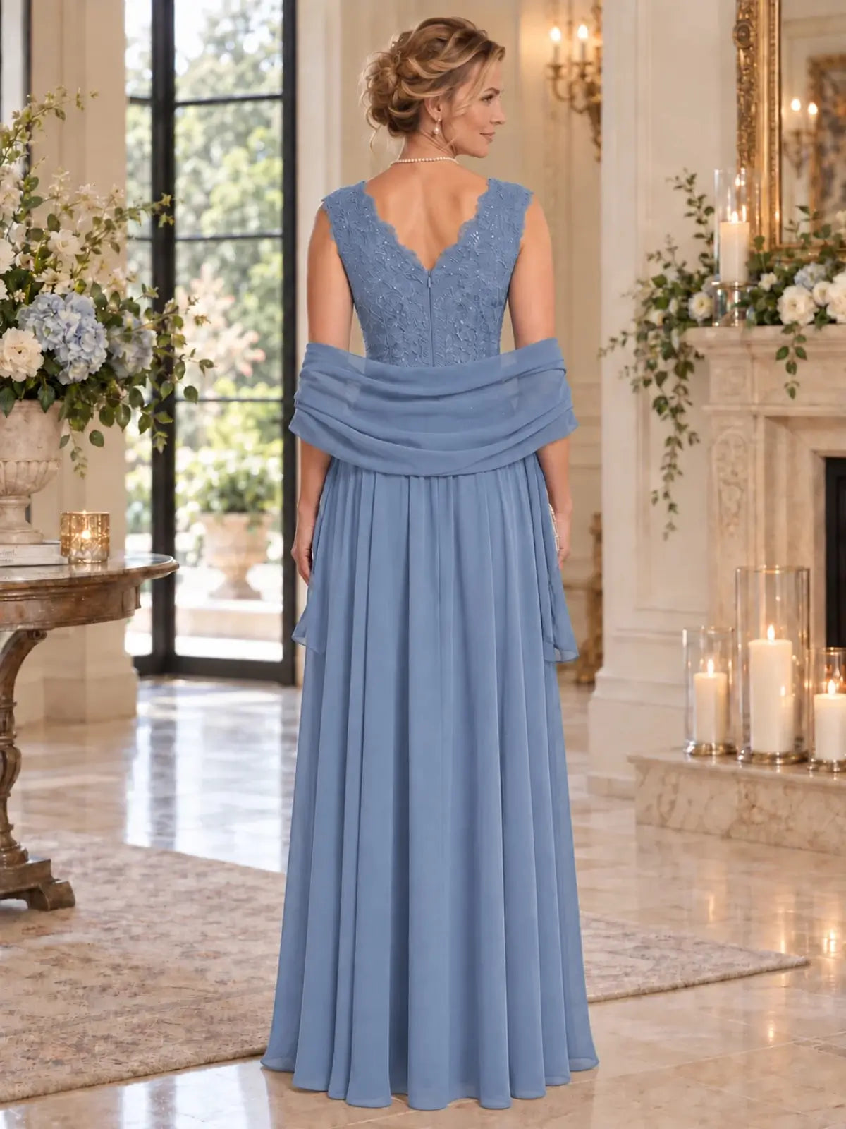 Floor-Length V-Neck Mother of the Bride Dress