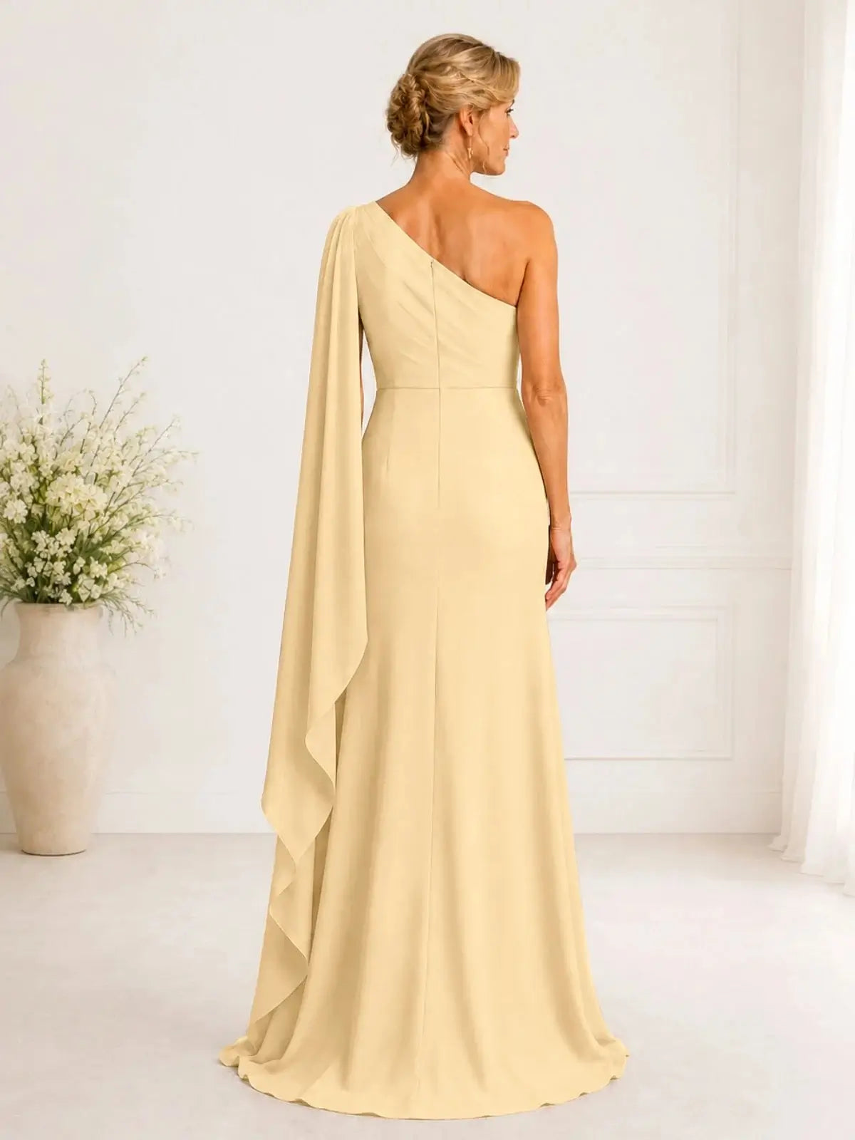 Sheath Mother of the Bride Dress with One-Shoulder Cape Sleeve