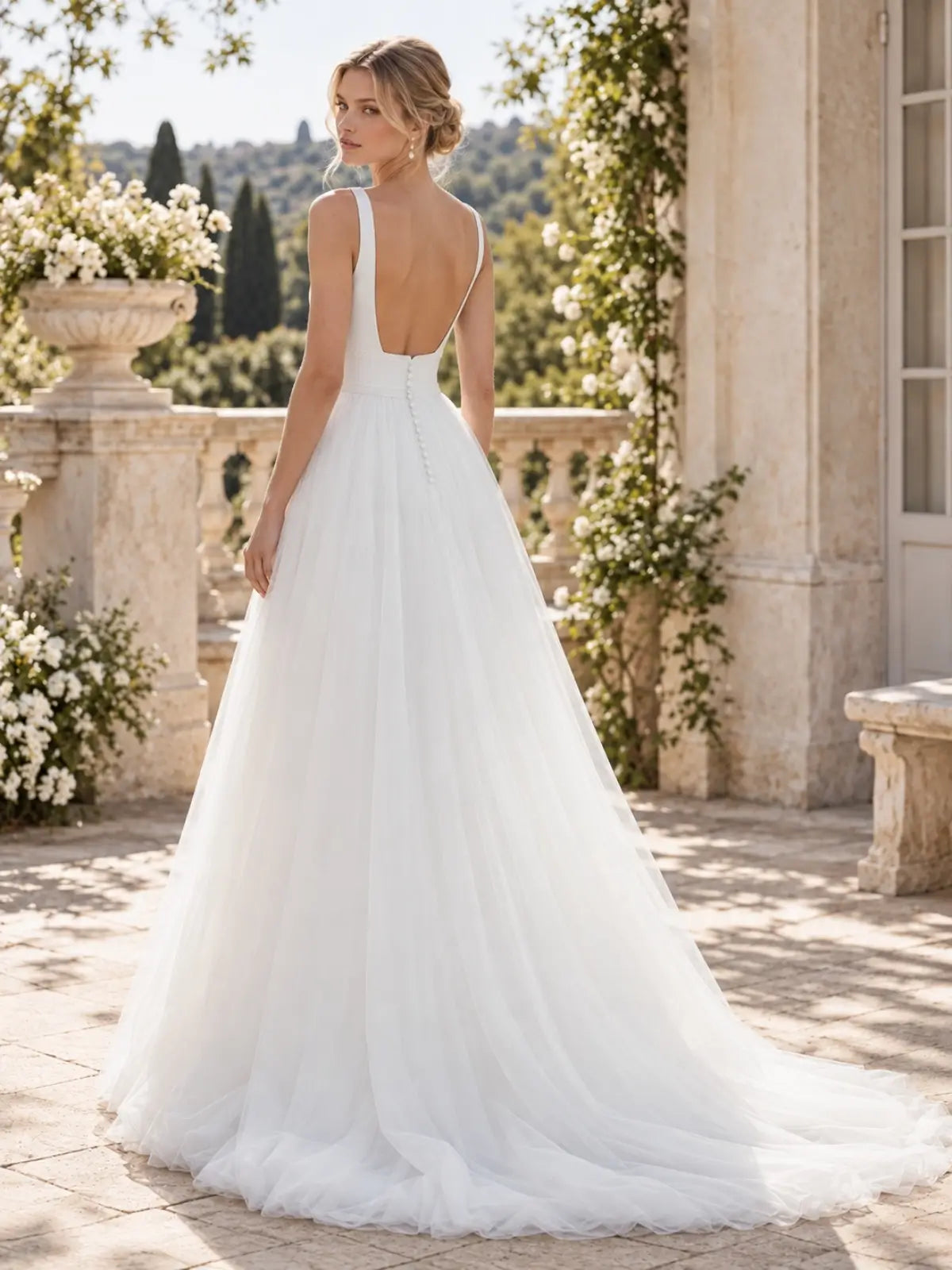 Square Neck Wedding Dress with Open Back Design