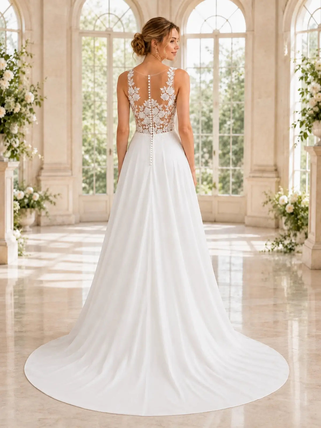 Satin Wedding Dress with Illusion Mesh Back