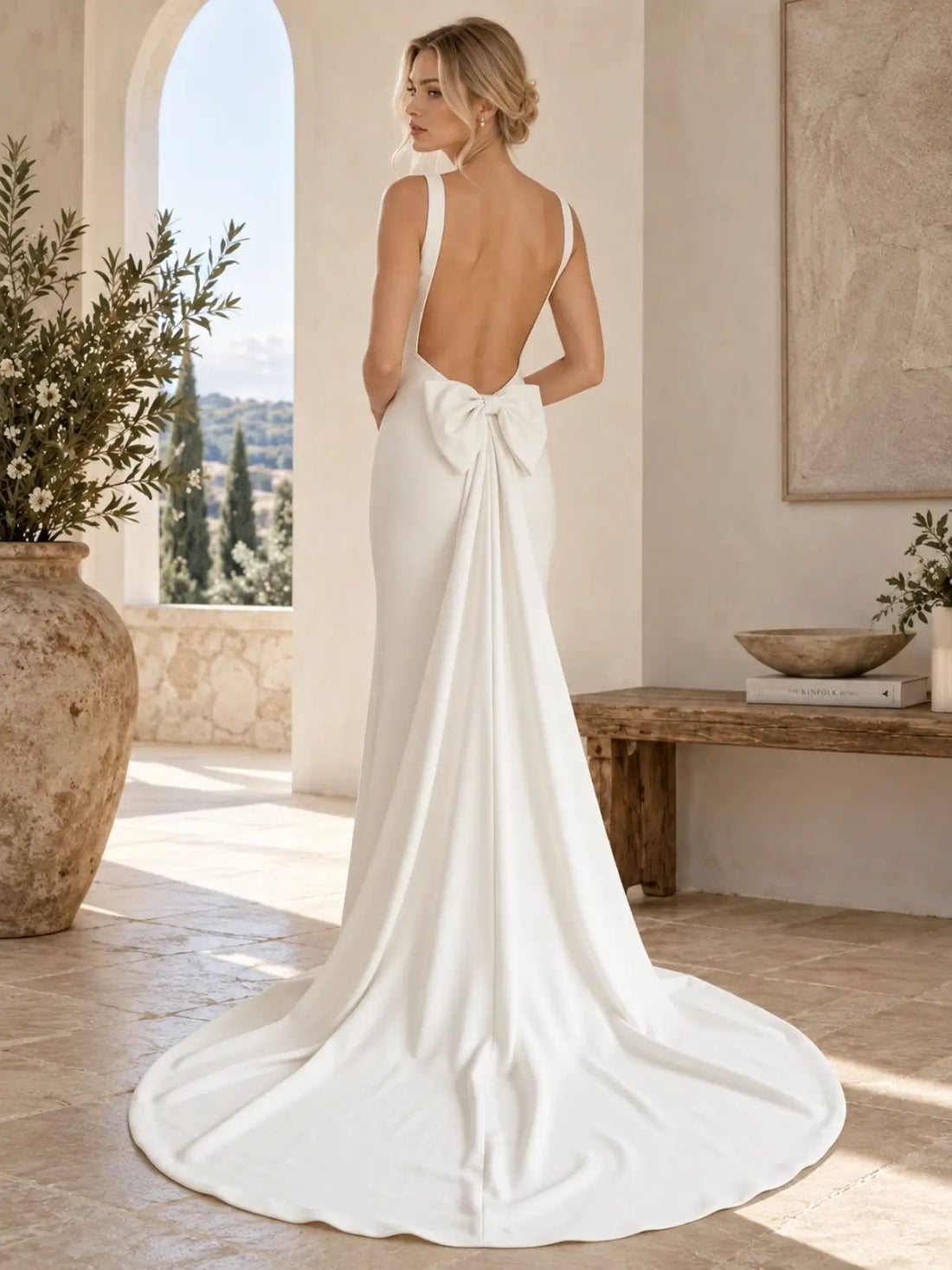 Scoop Neck Wedding Dress with Elegant Back Bow Detail