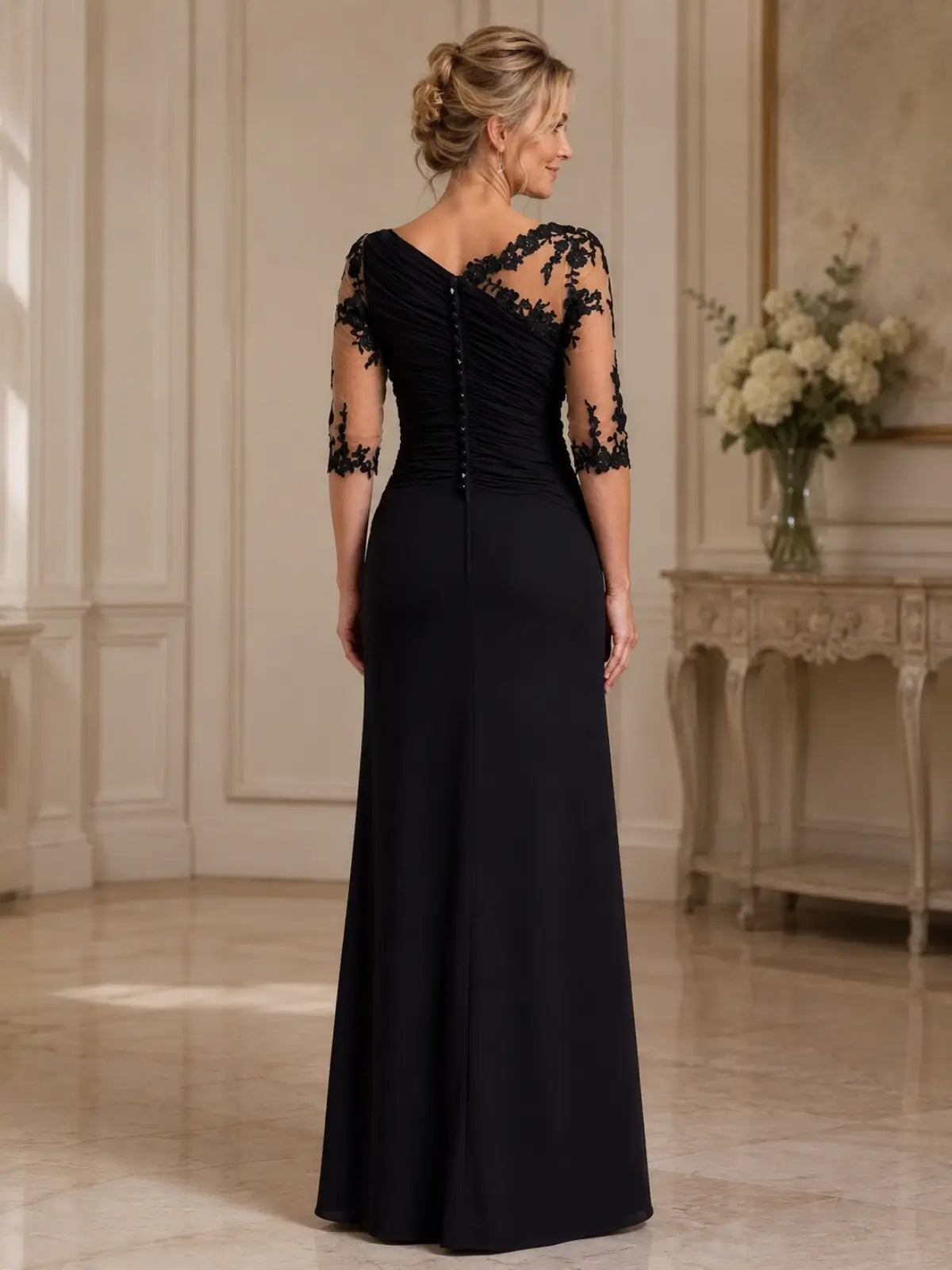 Bateau Neck Mother of the Bride Dress with Ruffle Details