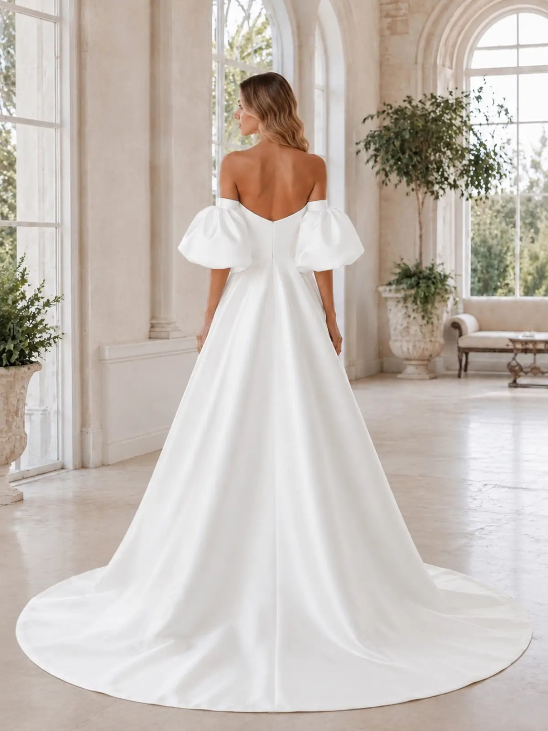 Tube Wedding Dress with Detachable Puff Sleeves