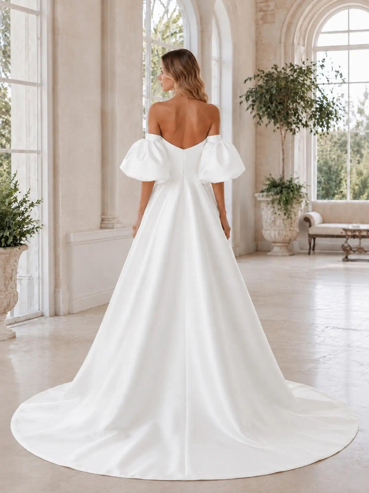Tube Wedding Dress with Detachable Puff Sleeves