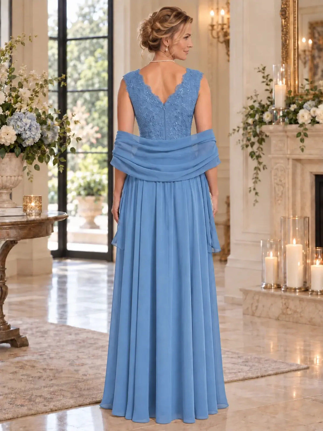 Floor-Length V-Neck Mother of the Bride Dress