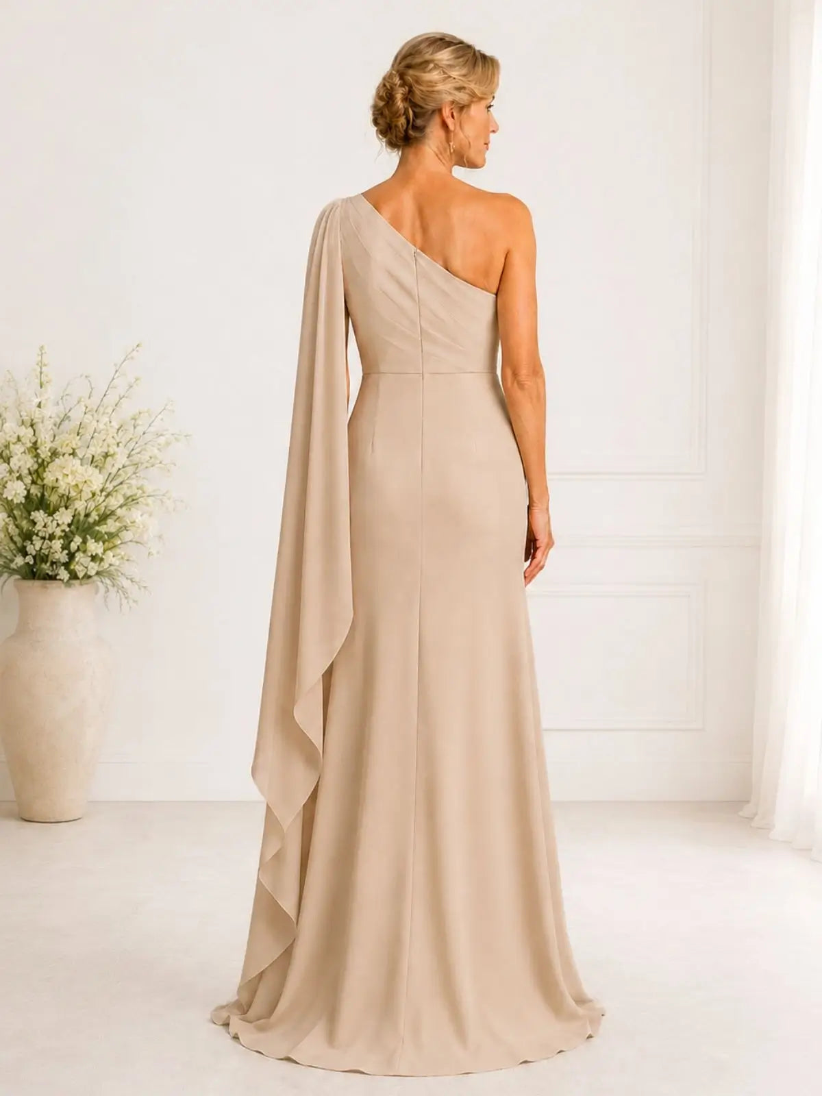 Sheath Mother of the Bride Dress with One-Shoulder Cape Sleeve