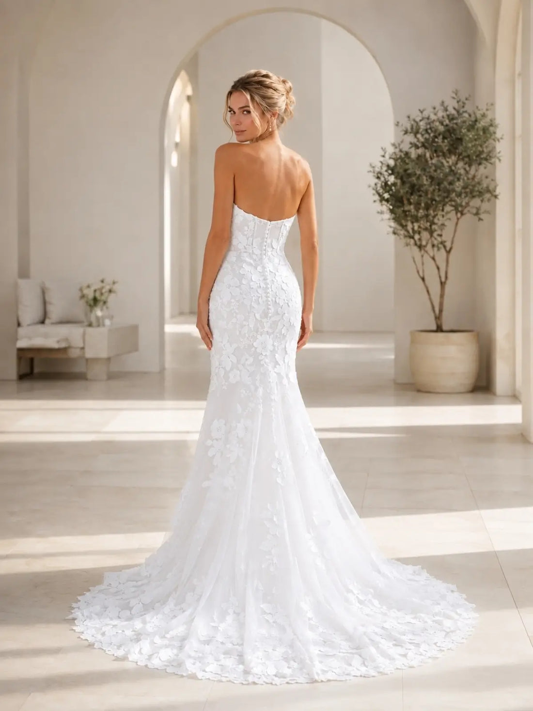 Lace Applique Wedding Dress with Court Train