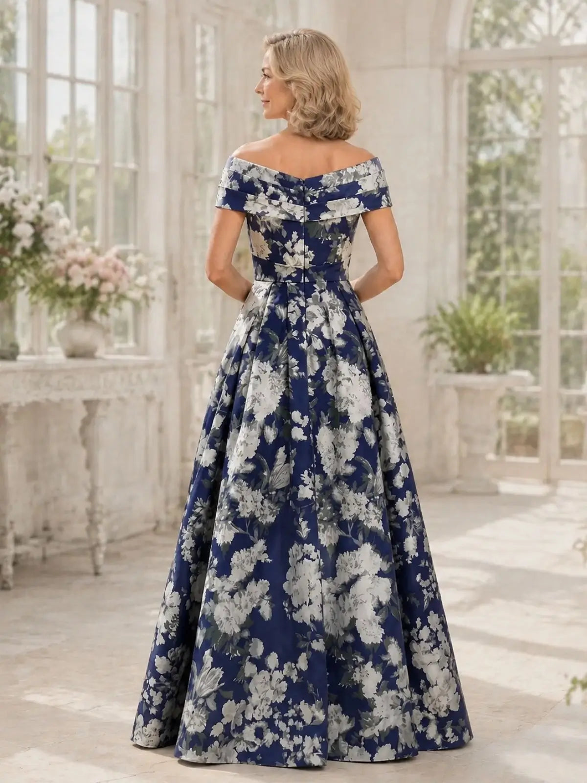 Off-the-Shoulder Mother of the Bride Dress with Printed Detail
