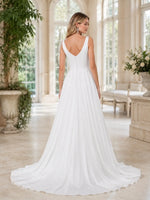 Bateau Neck Wedding Dress with Court Train