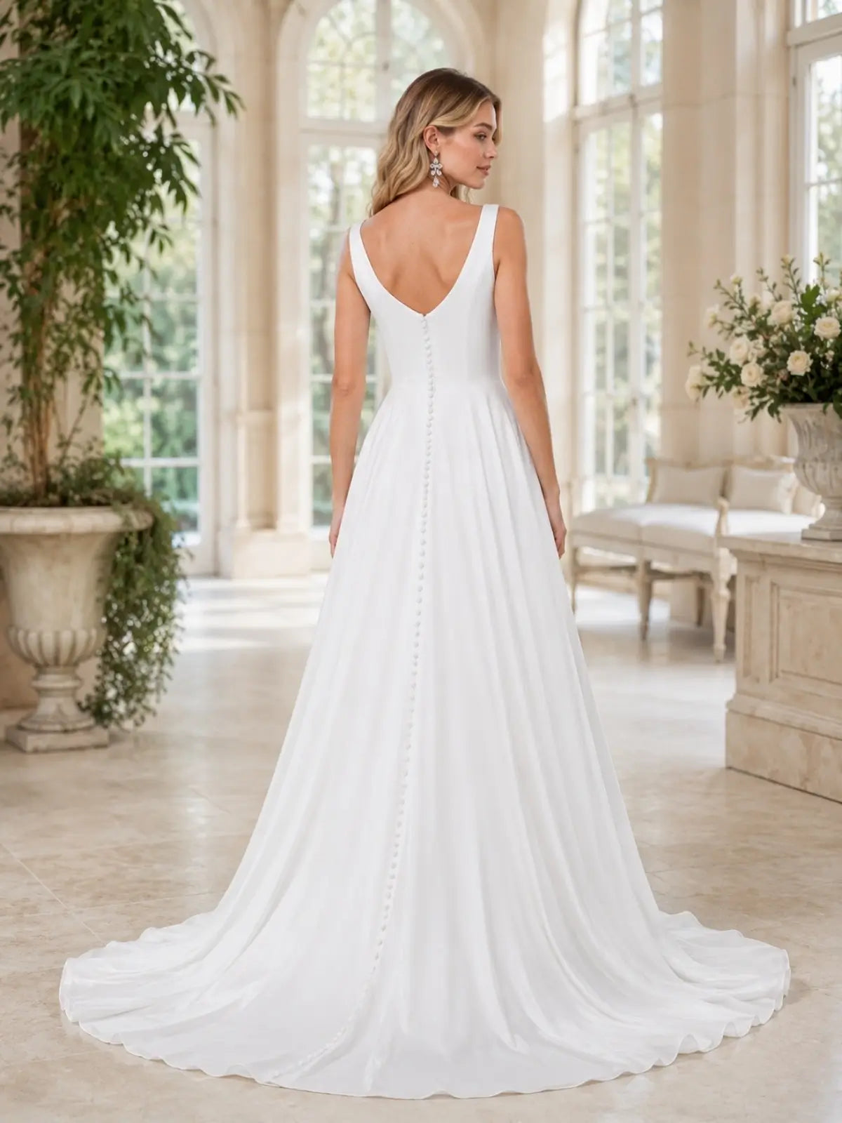 Bateau Neck Wedding Dress with Court Train