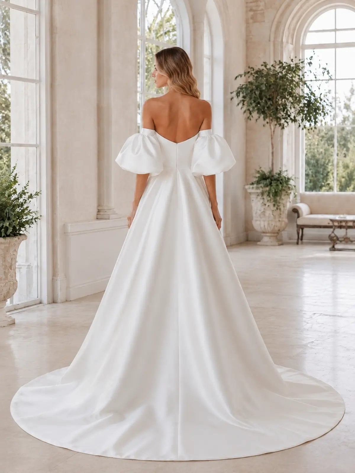 Tube Wedding Dress with Detachable Puff Sleeves