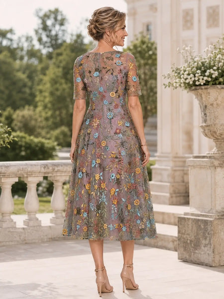 Boat Neck Mother of the Bride Dress with Half Sleeves