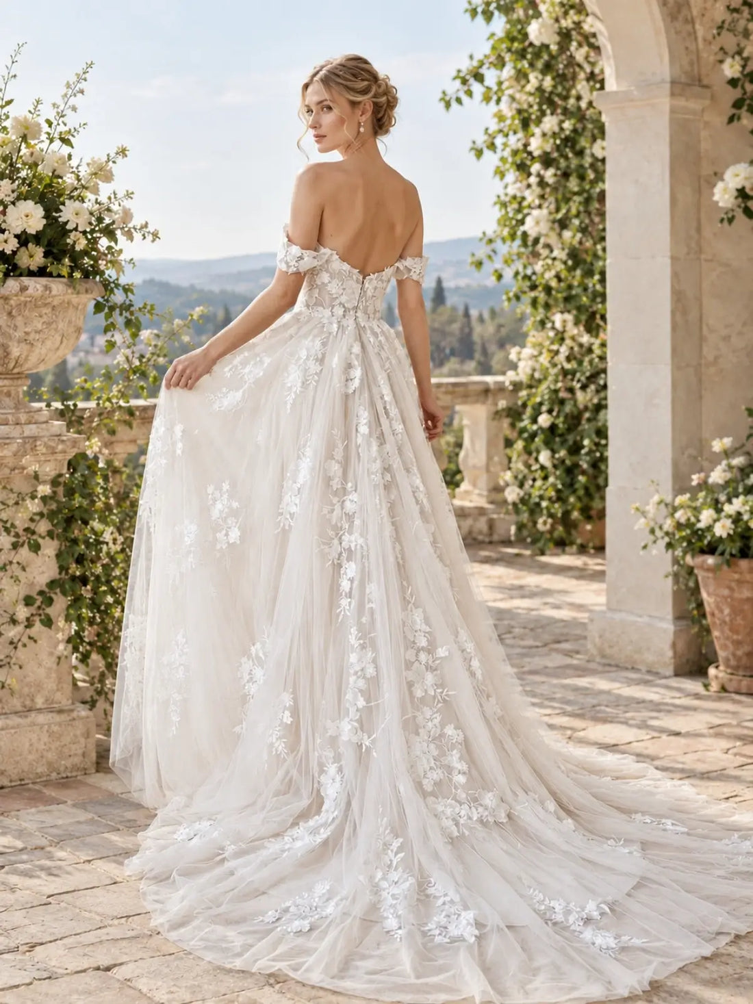 Wide Strap Wedding Dress with Cathedral Train Design