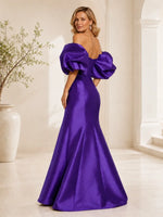 Satin Mother of the Bride Dress with Detachable Puff Sleeves