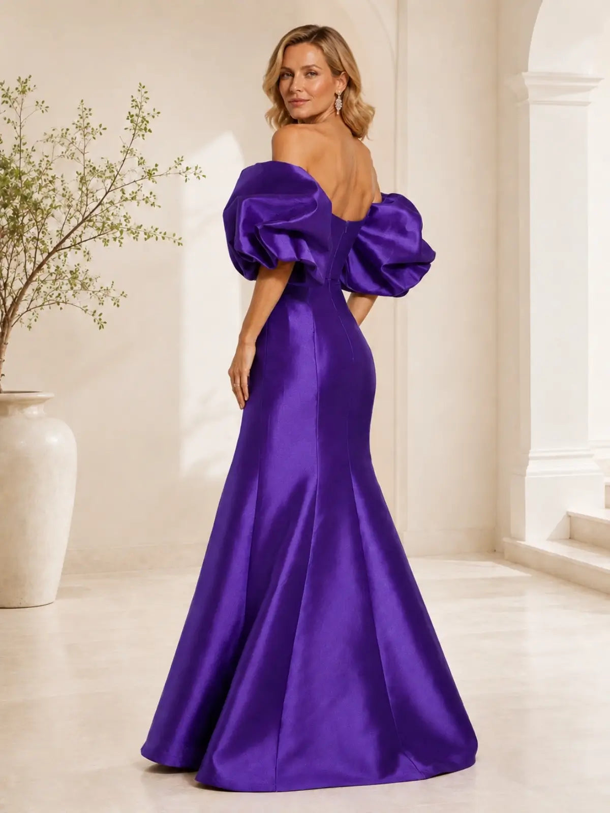 Satin Mother of the Bride Dress with Detachable Puff Sleeves