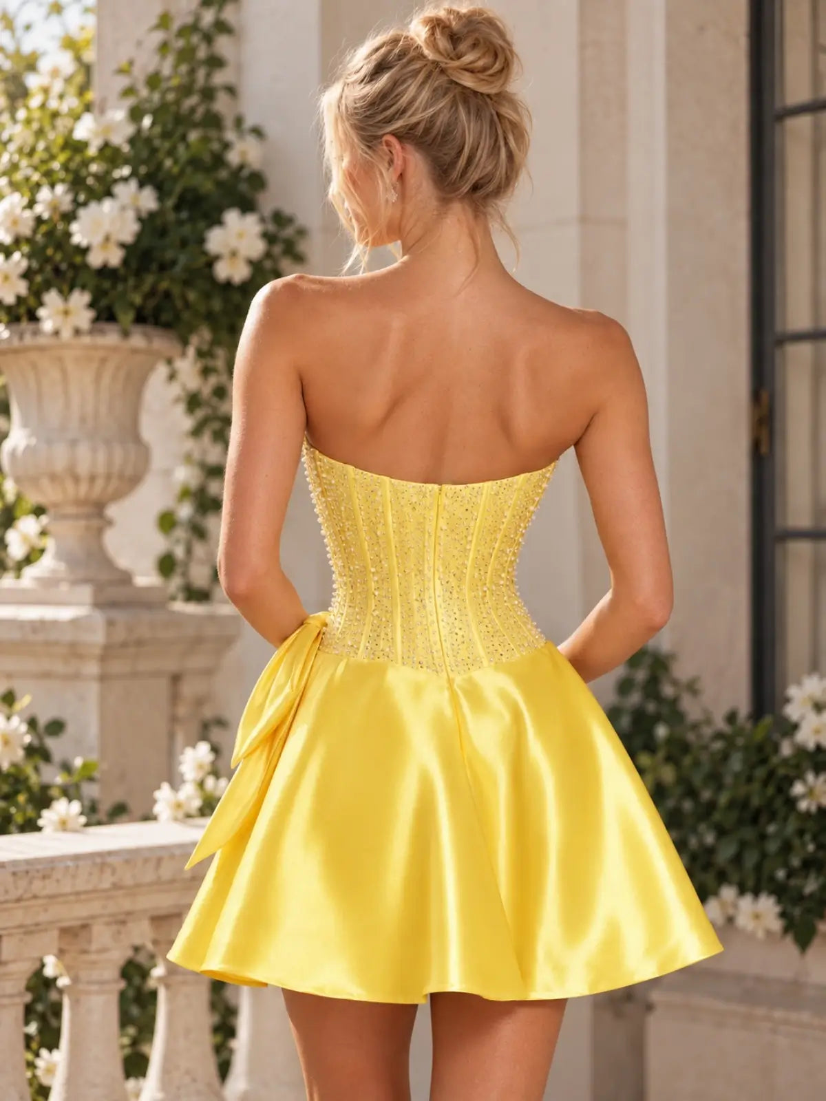 Crystal Beaded Homecoming Dress with Tube Neckline