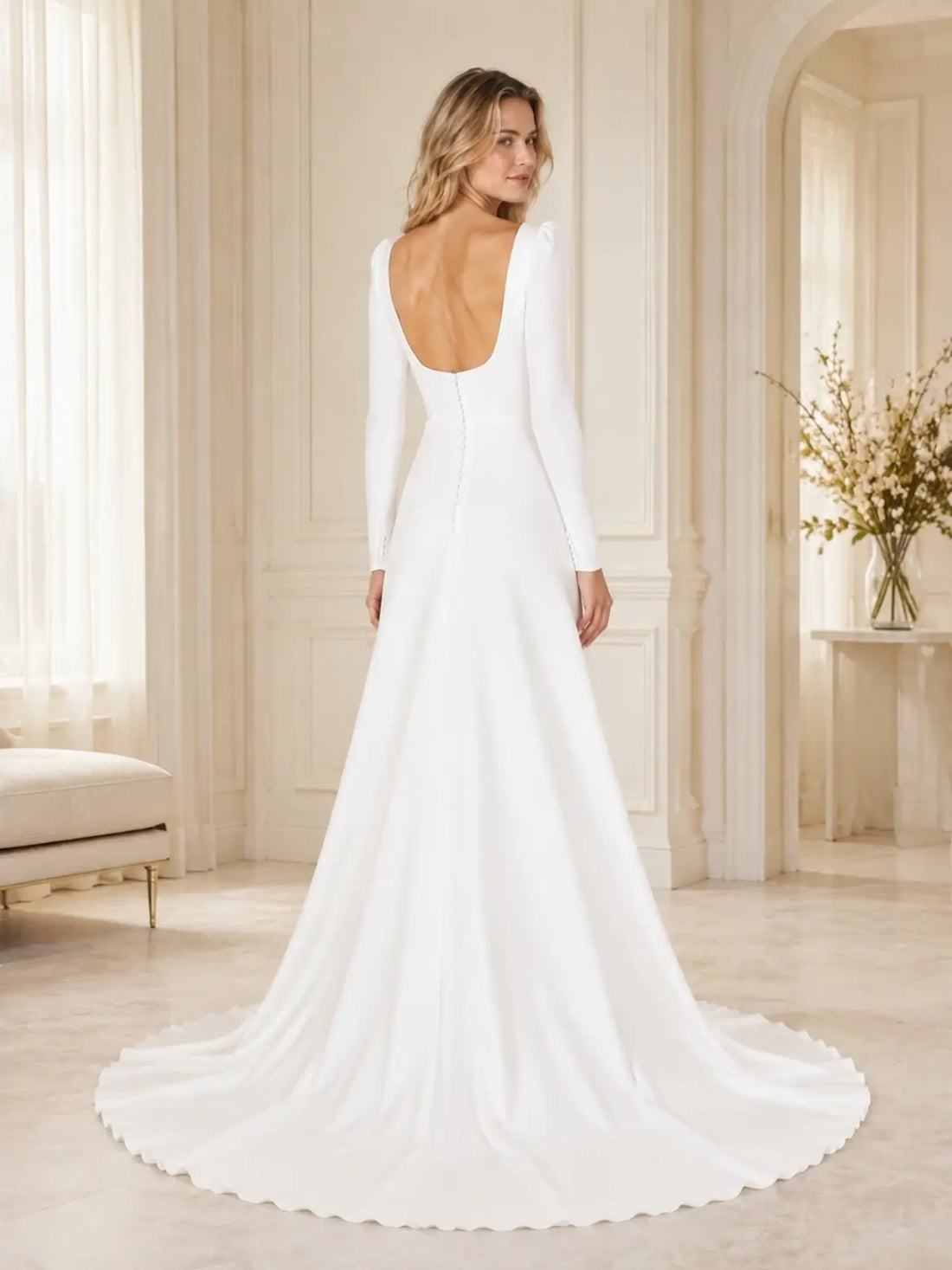 Stretch Crepe Wedding Dress with Long Sleeves