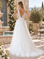 V-Neck Wedding Dress with Pearl Embellished