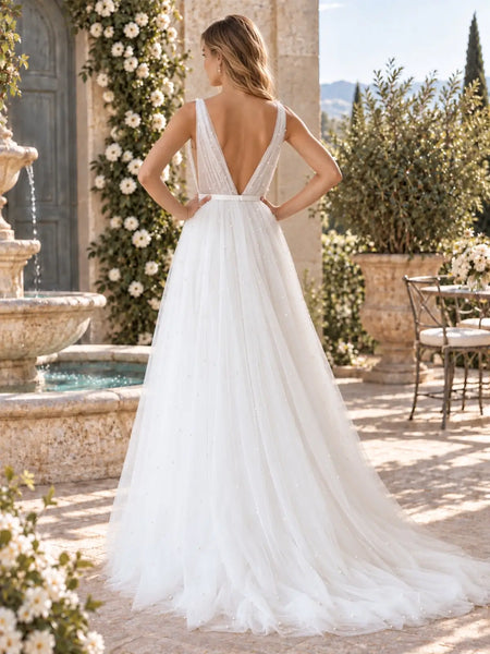 V-Neck Wedding Dress with Pearl Embellished