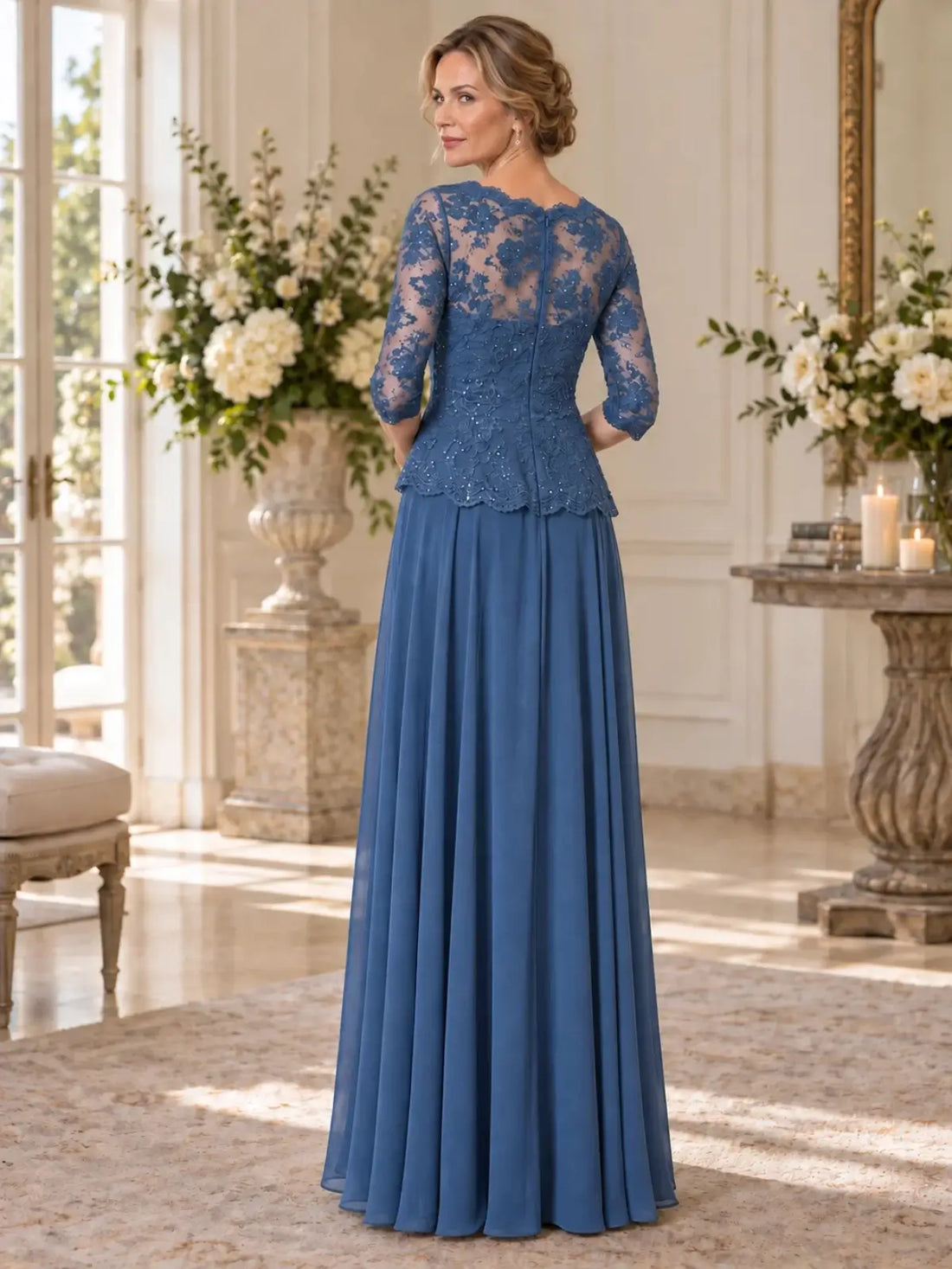 Boat Neck Mother of the Bride Dress with Ruched Waist Design