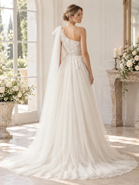 One-Shoulder Wedding Dress with Applique Details