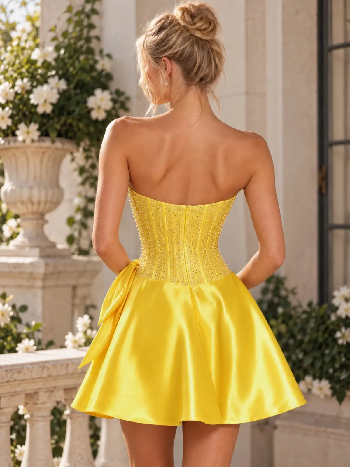 Crystal Beaded Homecoming Dress with Tube Neckline