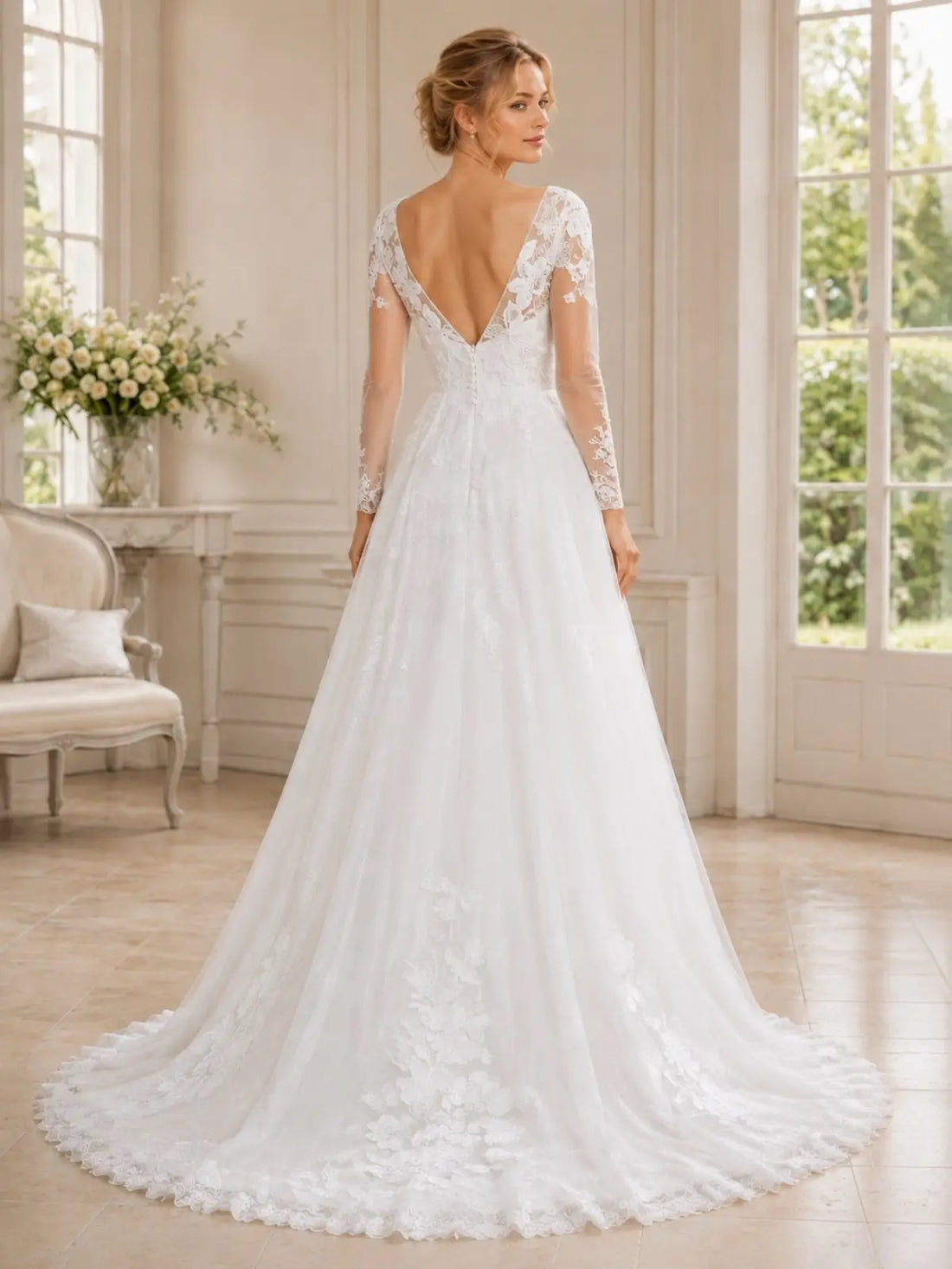 Elegant V-Neck Wedding Dress with Long Sleeves