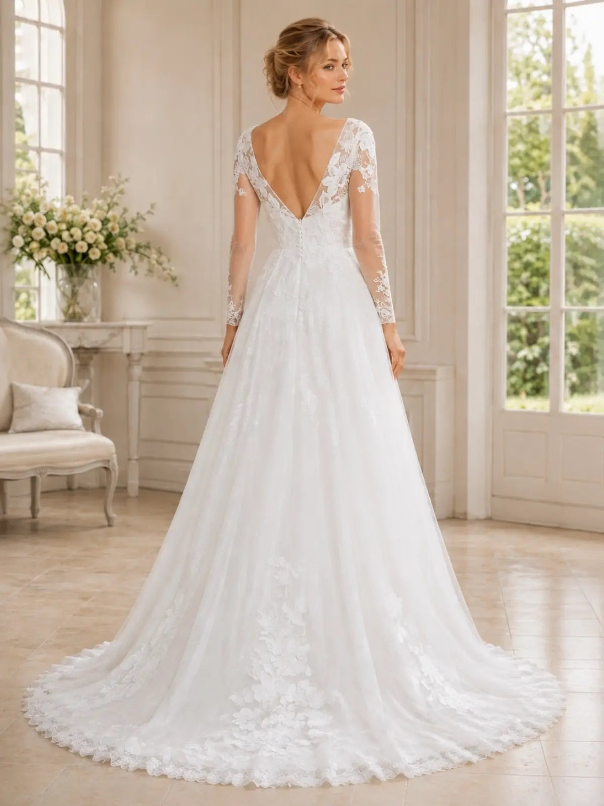 Elegant V-Neck Wedding Dress with Long Sleeves