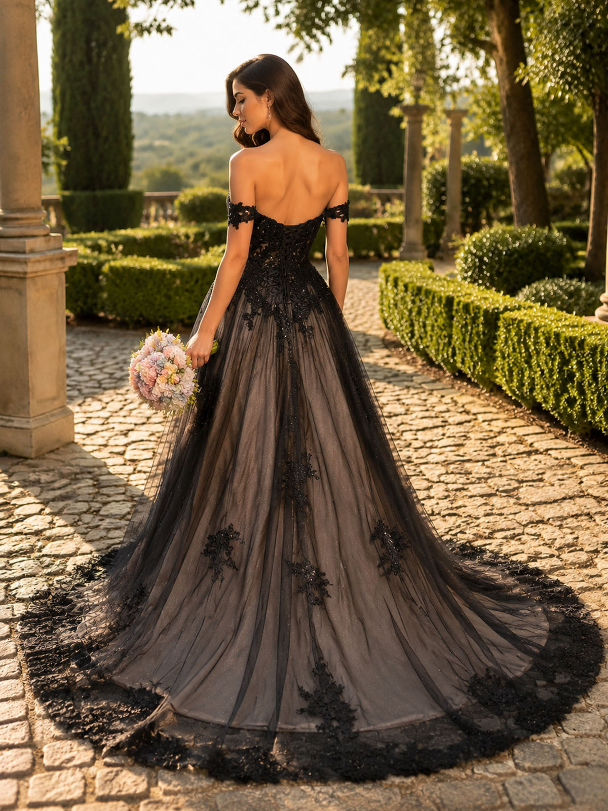 Black Applique Sequined Tulle Wedding Dress 