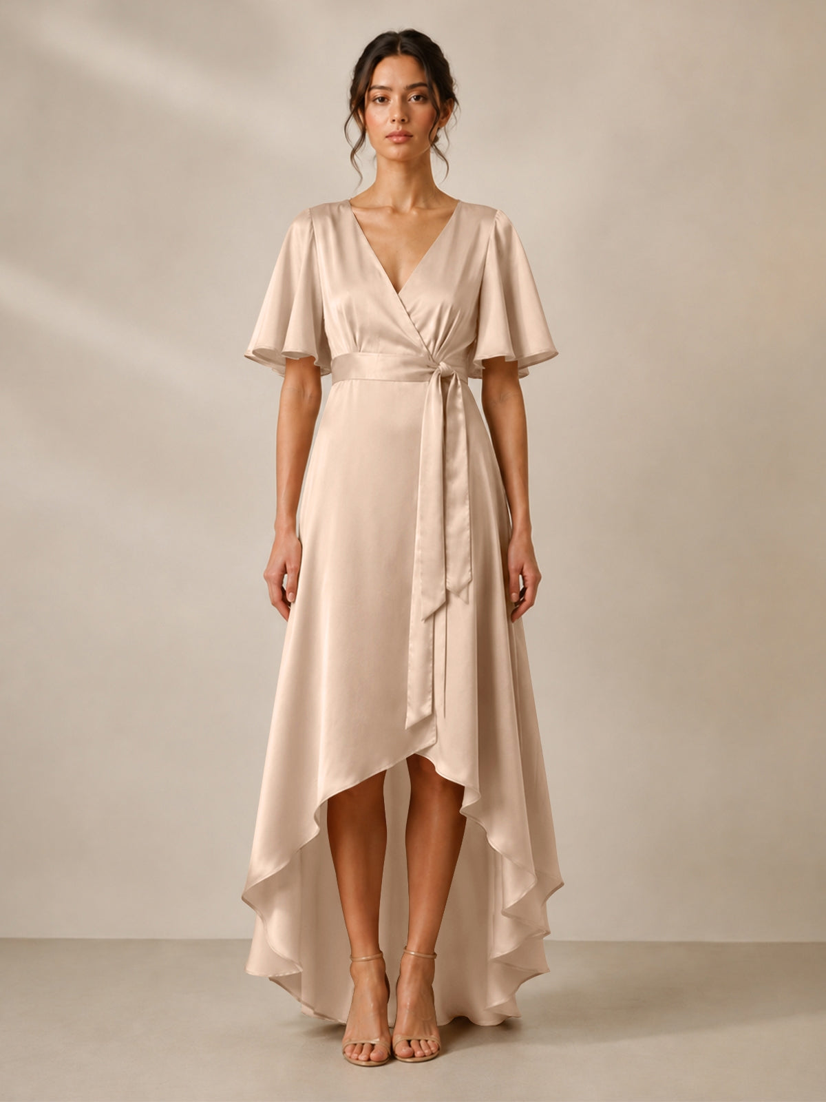 V-neck Bridesmaid Dress with Flutter Sleeves