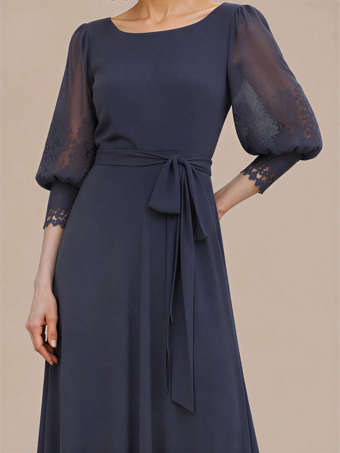 Chiffon Mother of the Bride Dress with Lace Applique Puff Sleeves 