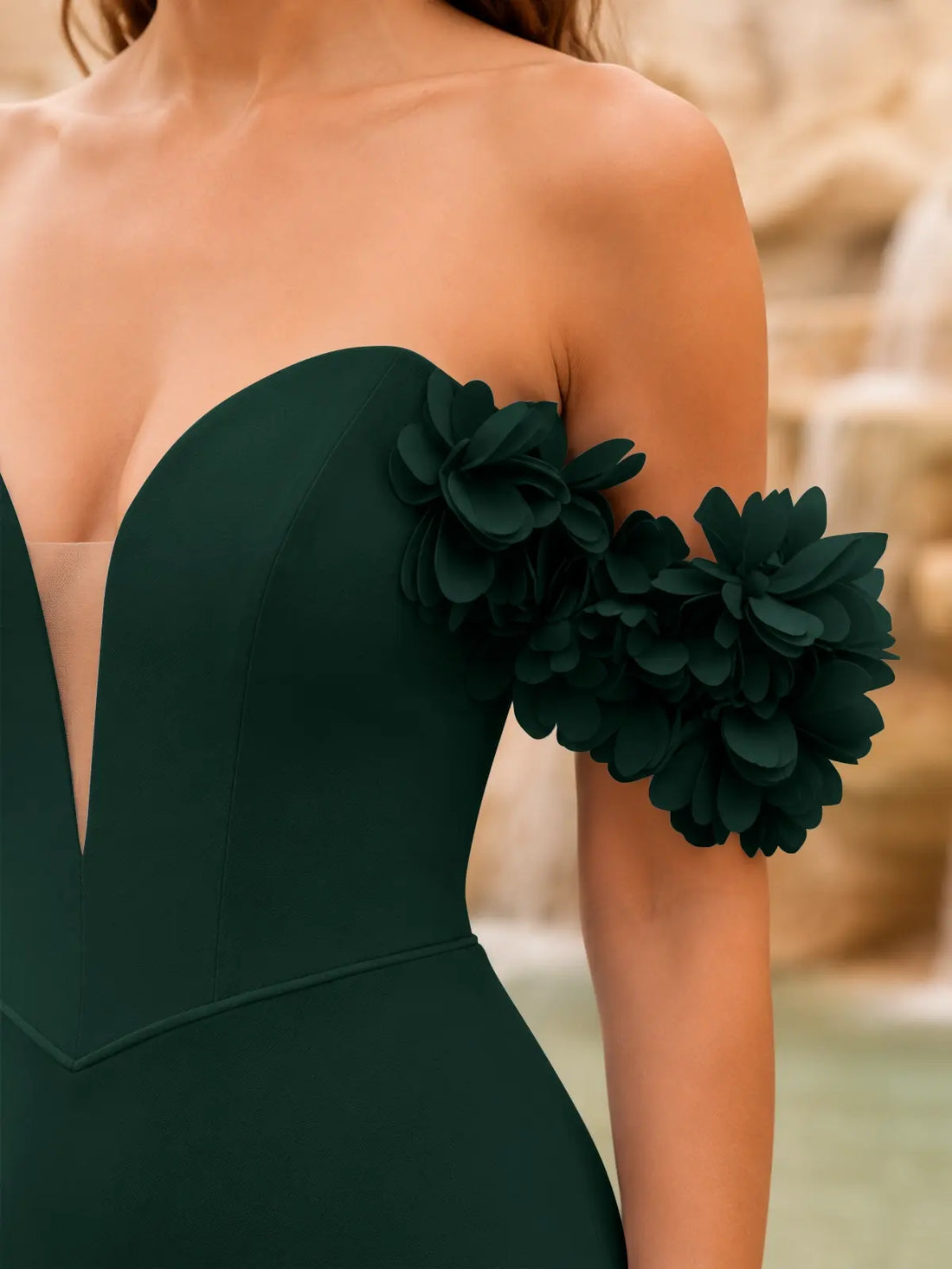 Off-the-Shoulder Prom Dress with 3D Floral Straps