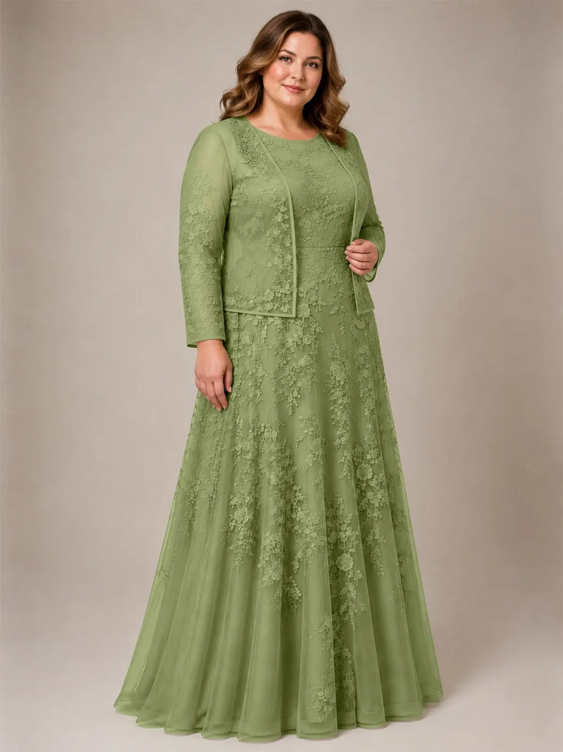 Two-Piece Lace Mother of the Bride Dress with Long Sleeves-Plus Size