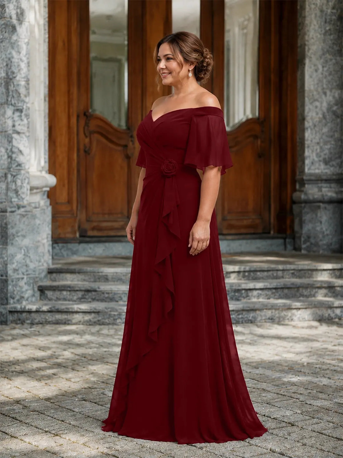 Chiffon Mother of the Bride Dress with 3D Rosette-Plus Size